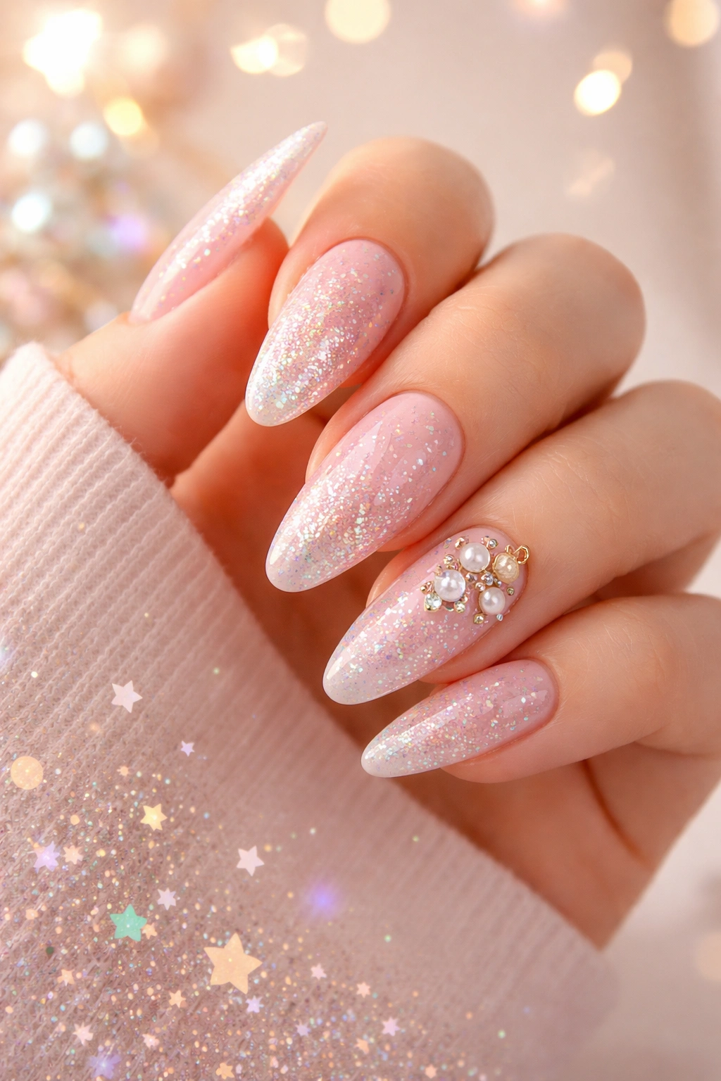 Close-up of a hand with a chic birthday manicure in pastel or glitter ombre