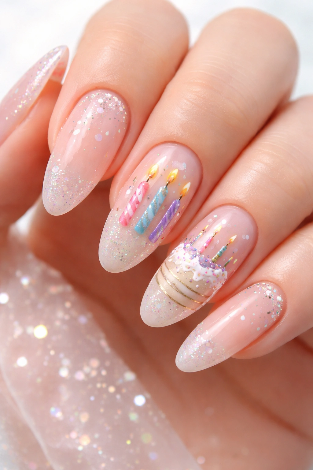 Close-up of birthday motif nails with candle and cake shapes