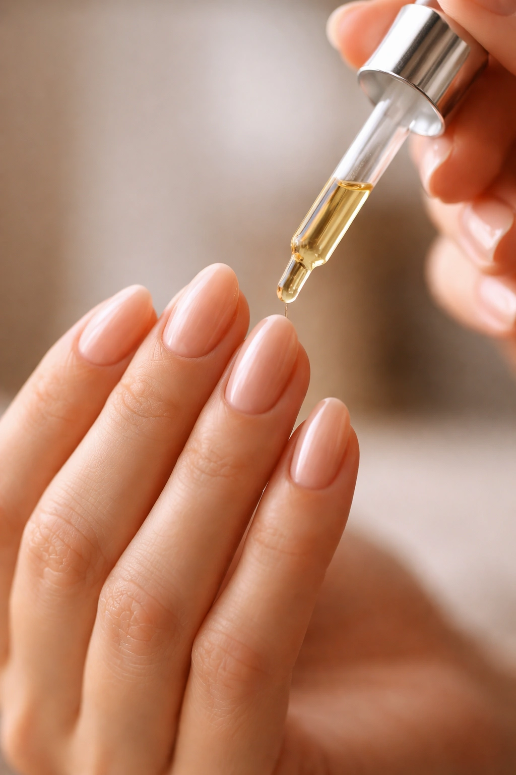 Close-up of short almond nails applying cuticle oil for a party-ready manicure