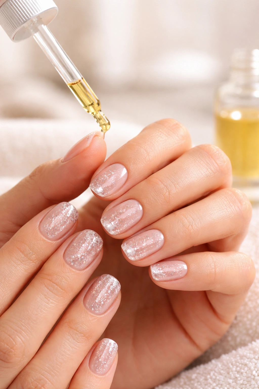 Close-up of hands with glittery short squoval nails being moisturized with cuticle oil