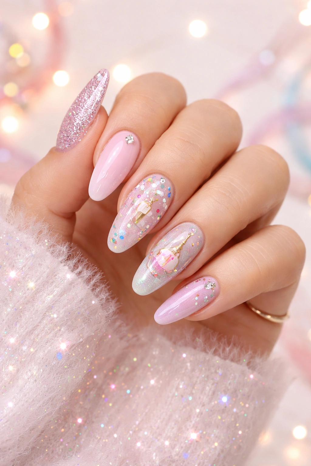 Close-up of festive nails with glittery pastel designs on a neutral background