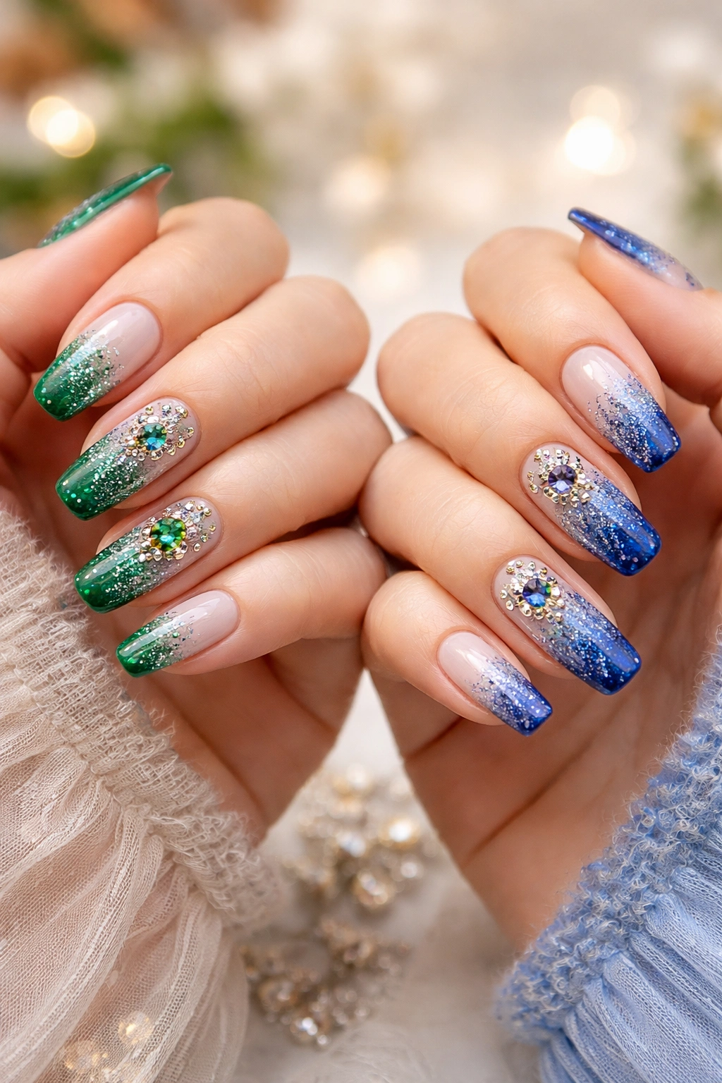 Hands with birthstone-inspired nail colors and subtle rhinestones.