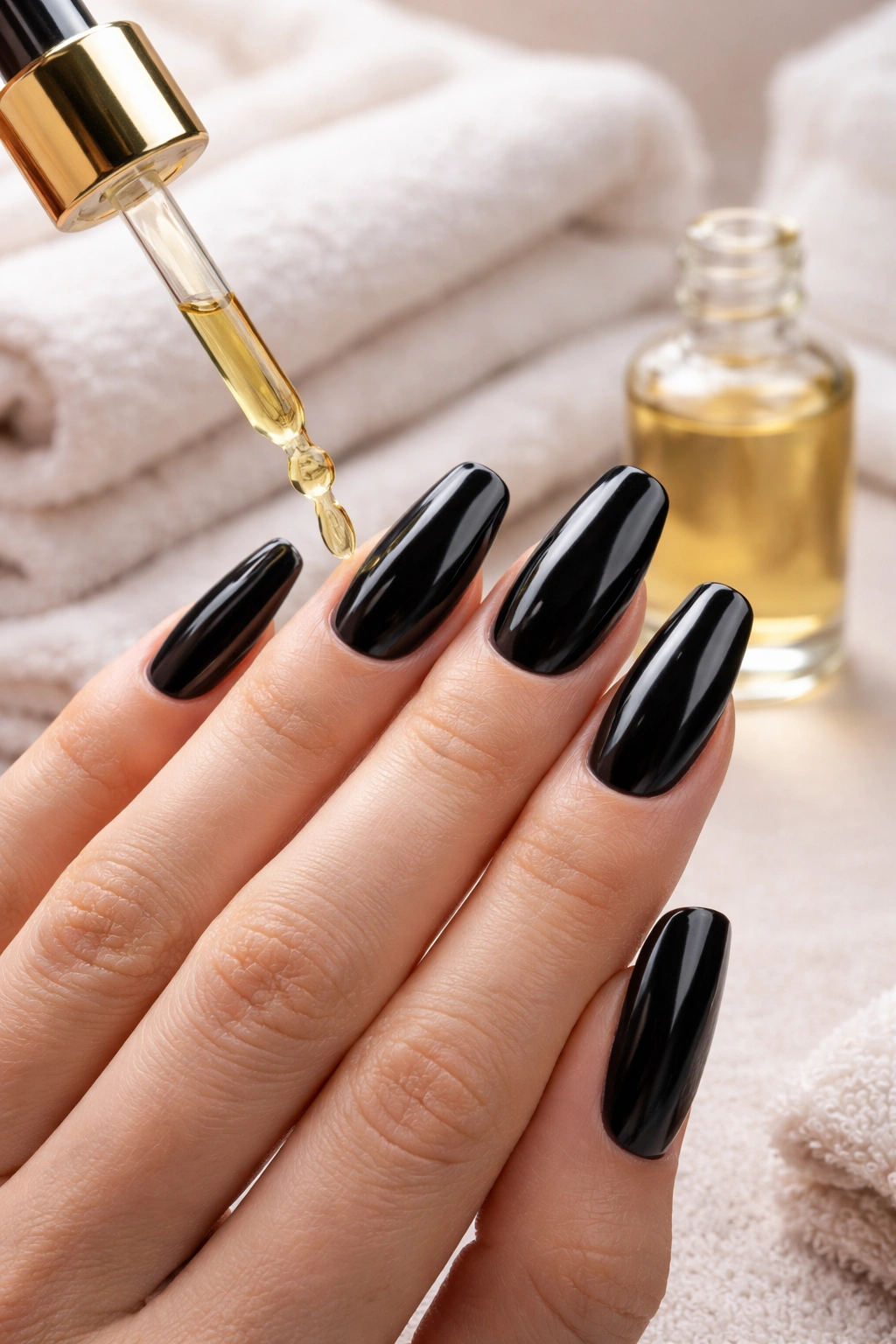 Hand applying cuticle oil to black acrylic nails