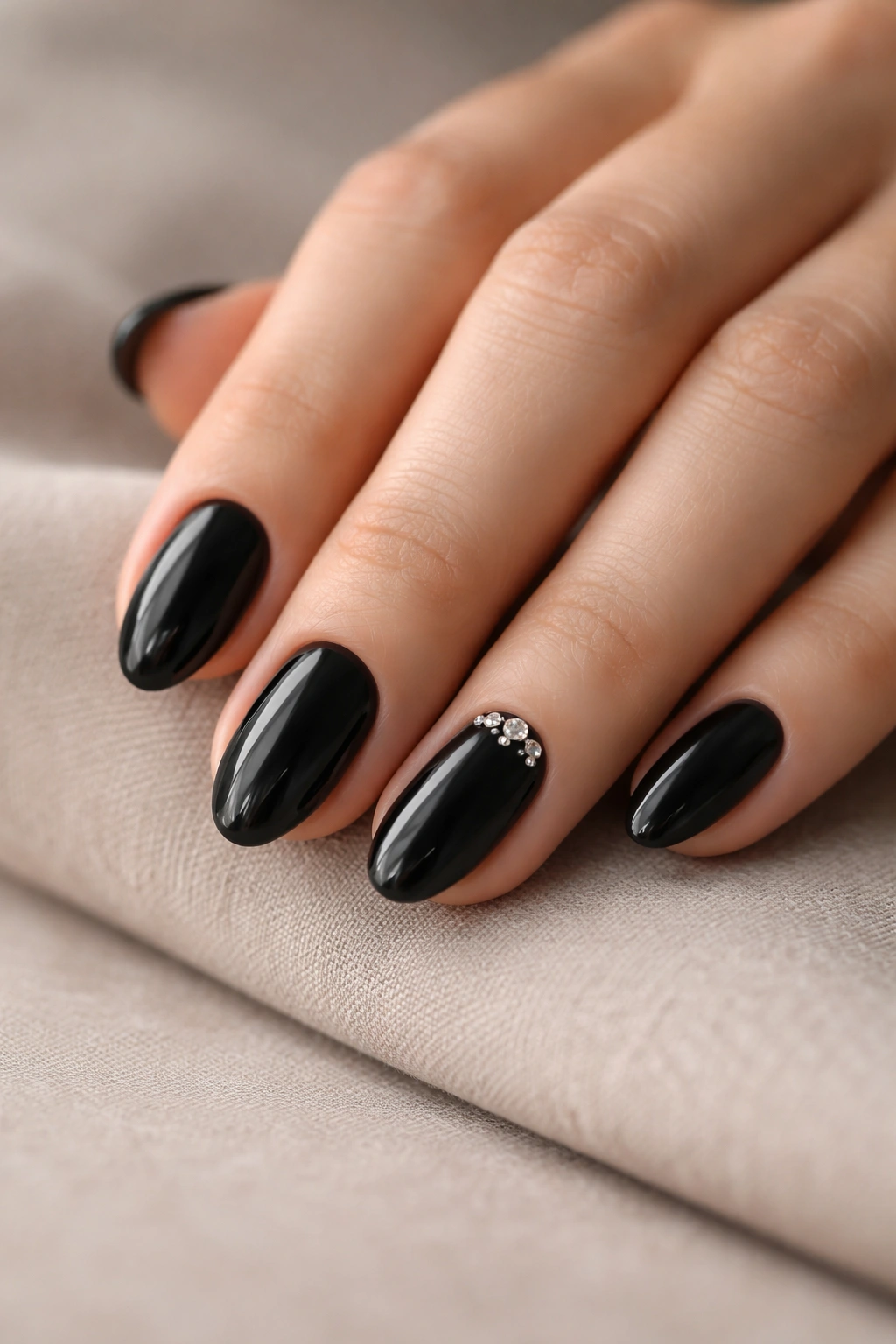 Close-up of short black almond nails with tiny crystal accents near the cuticle.