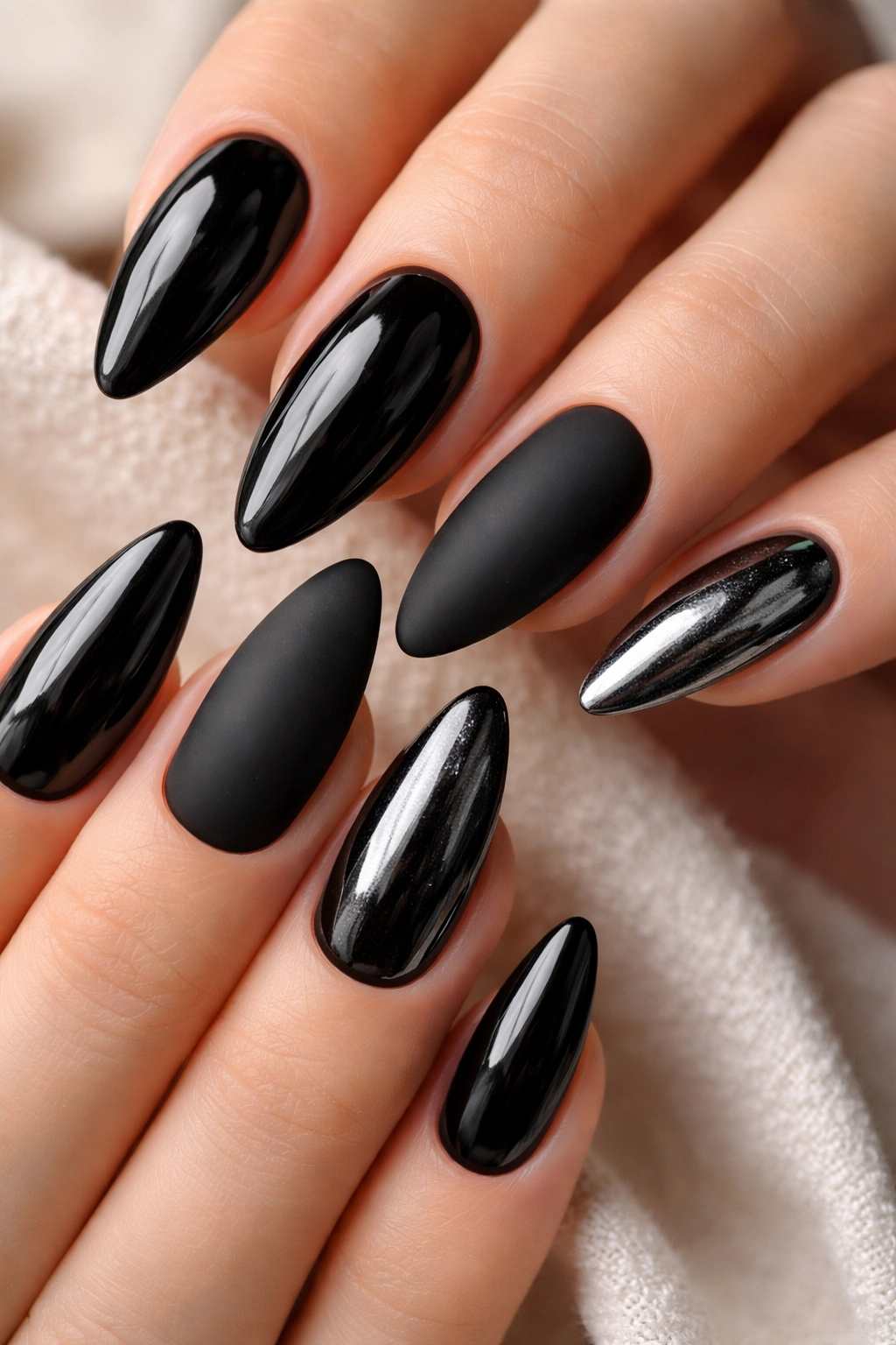 Black almond nails showing glossy, matte, and chrome finishes on a neutral background