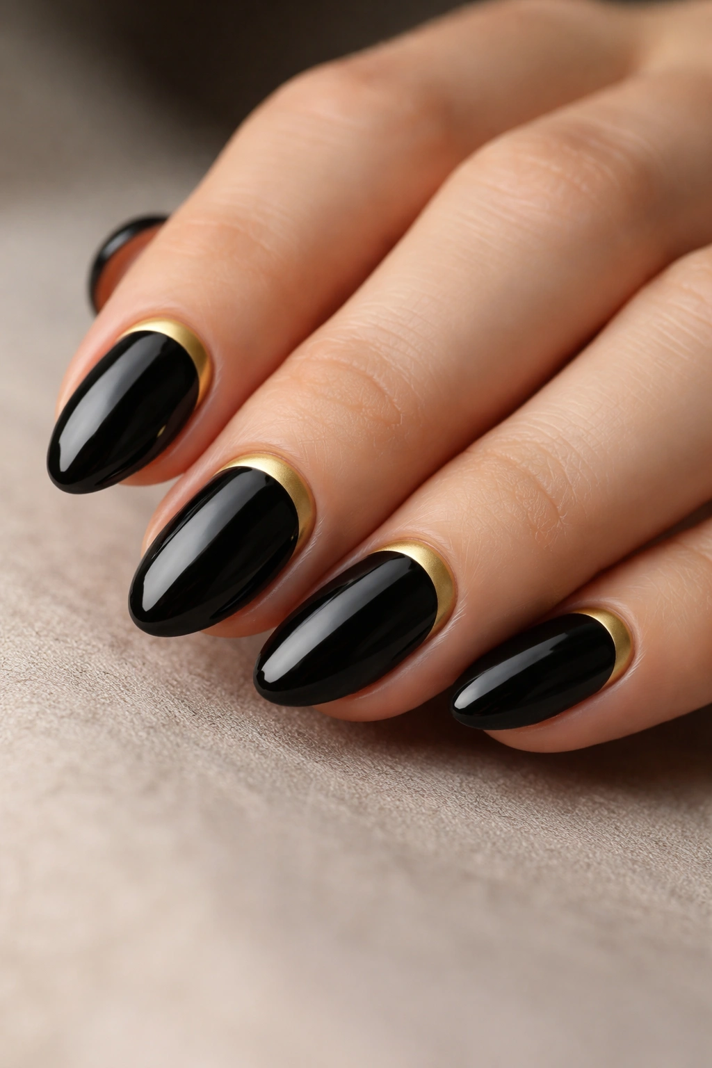 Close-up of black almond nails with a slim gold reverse tip near the cuticle.