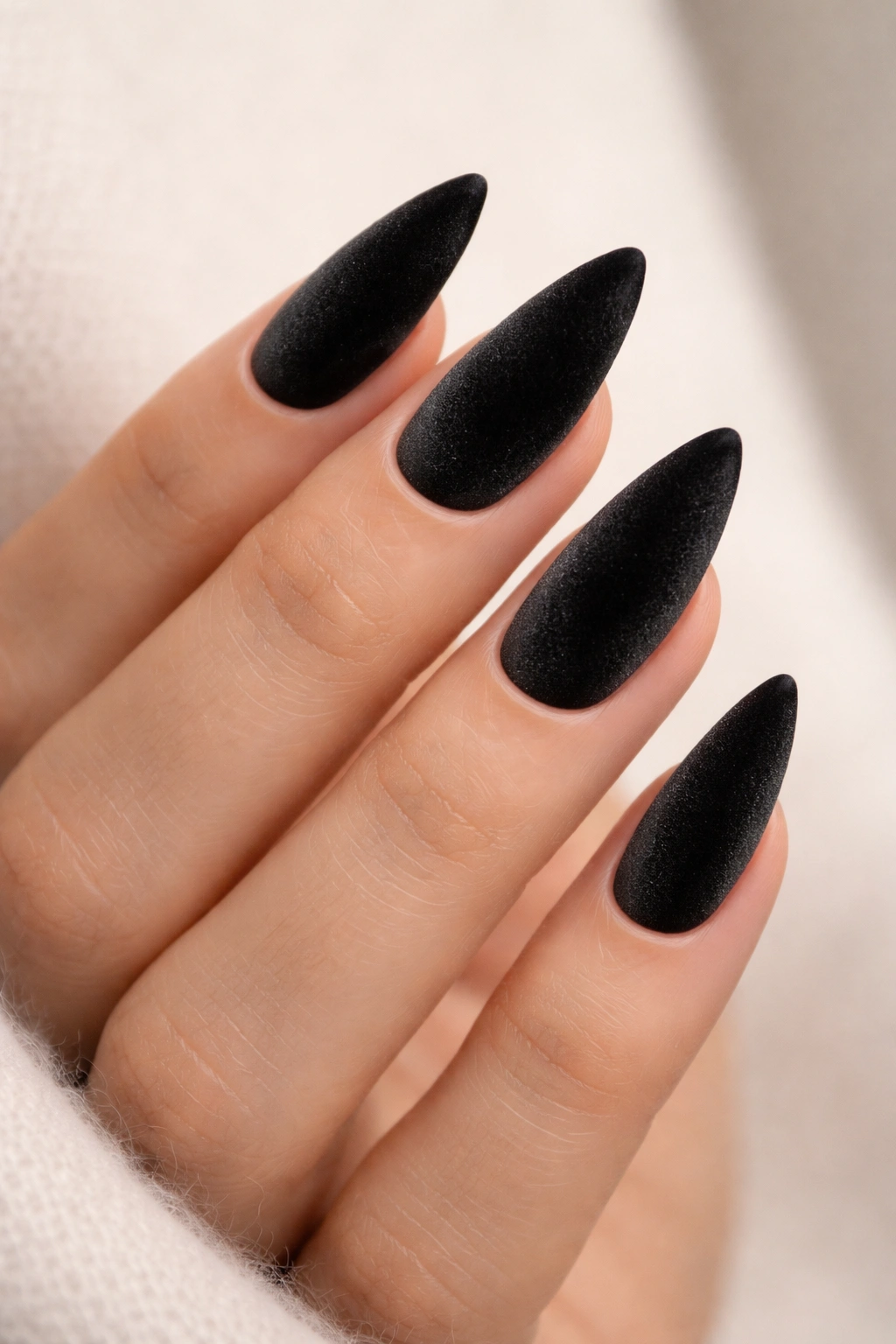 Close-up of black almond nails with velvet finish texture
