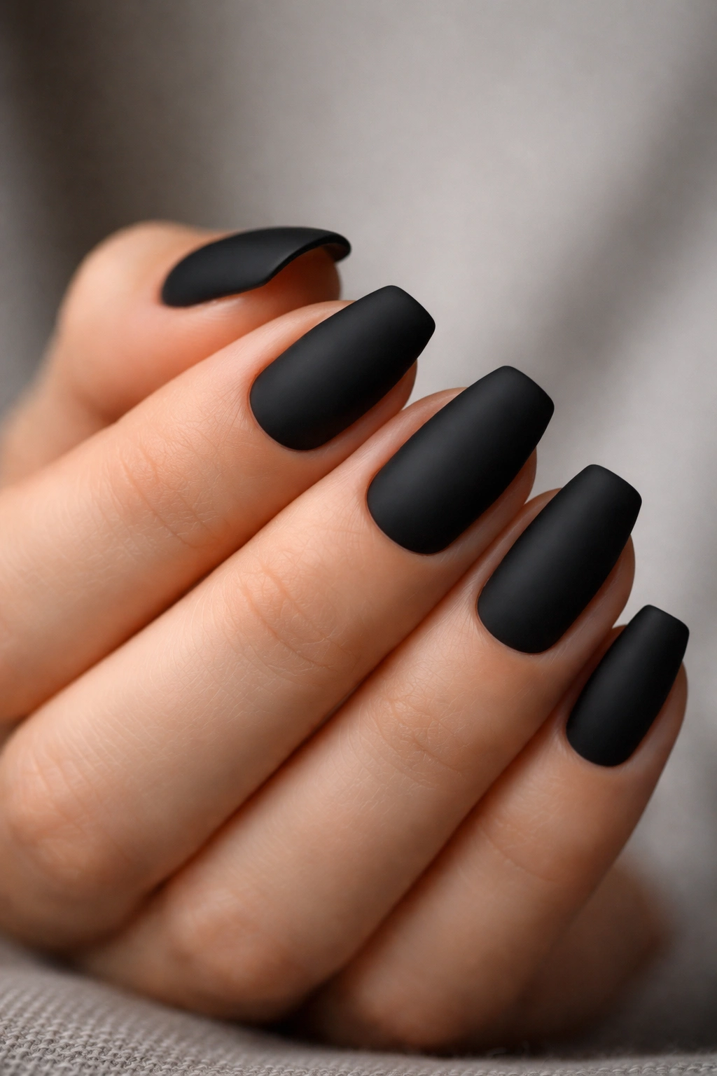 Close-up of short black ballerina nails showing crisp silhouette and tapered tips