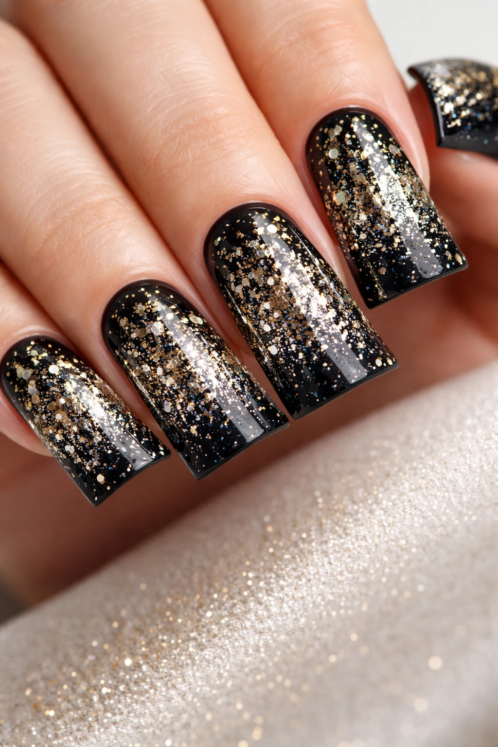 Duck nails on black base with gold and silver glitter