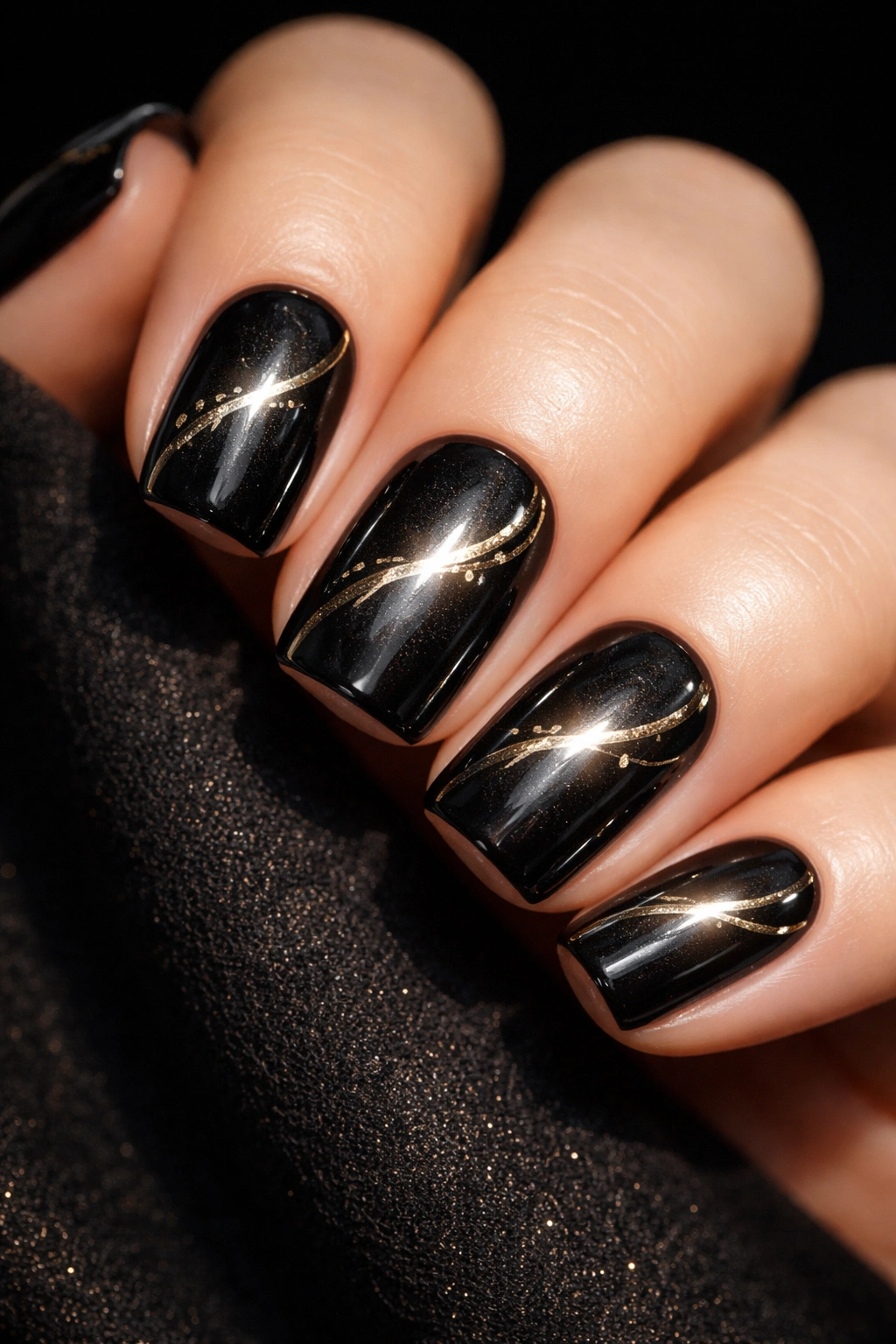 Black cat-eye nails with gold details