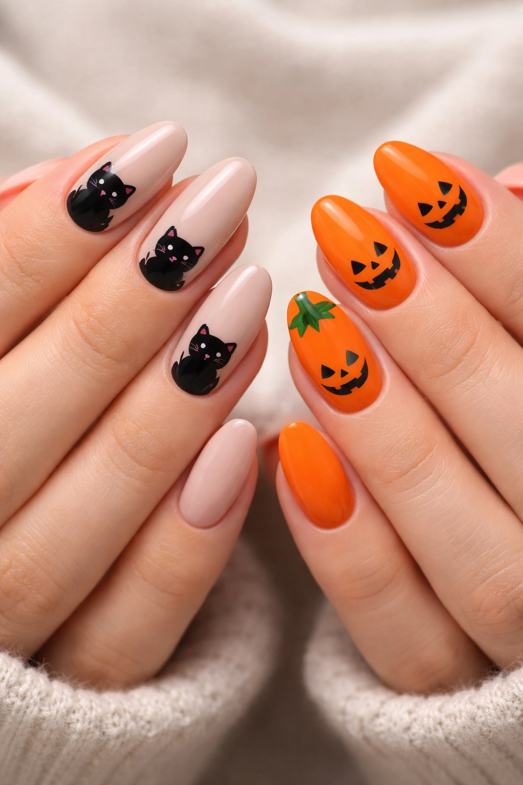 Two hands showing black cat silhouettes and pumpkin faces on nails