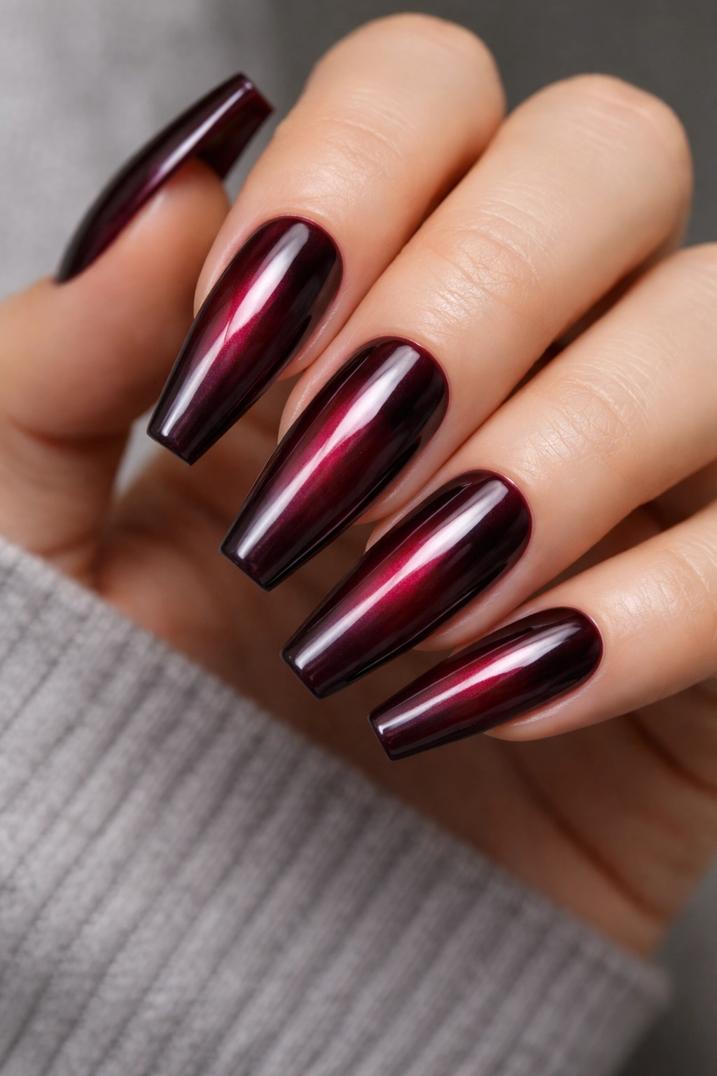 Black cherry chrome fade on ballerina nails
