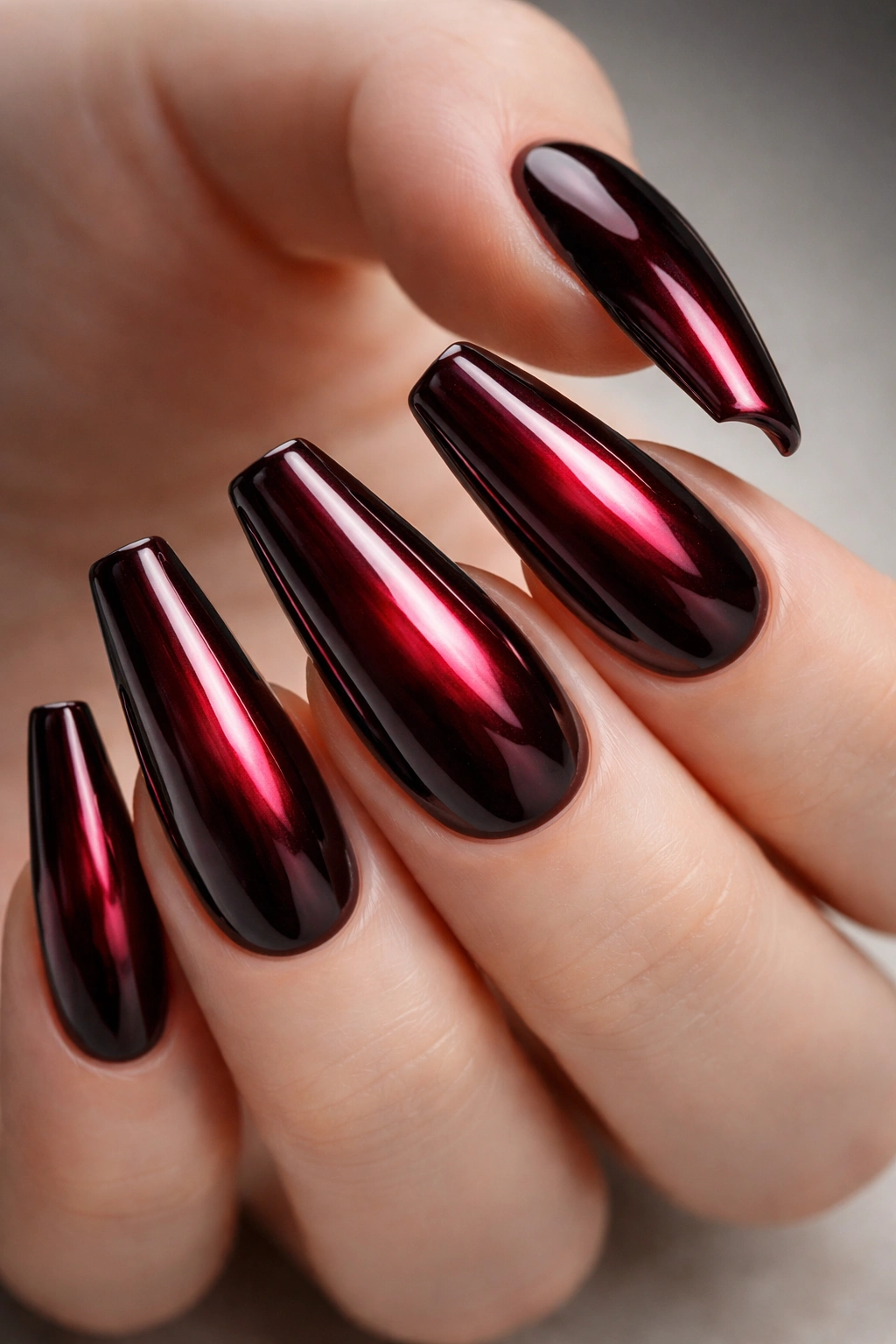 Close-up of a near-black cherry chrome ballerina nail with reflective finish