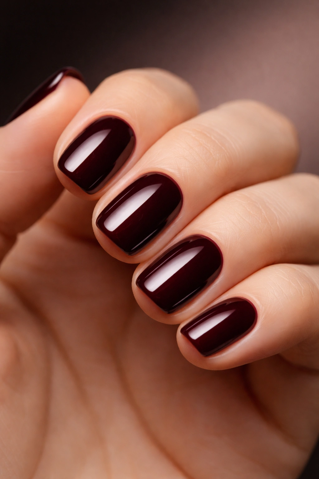 Close-up of short squoval nails in deep black cherry polish