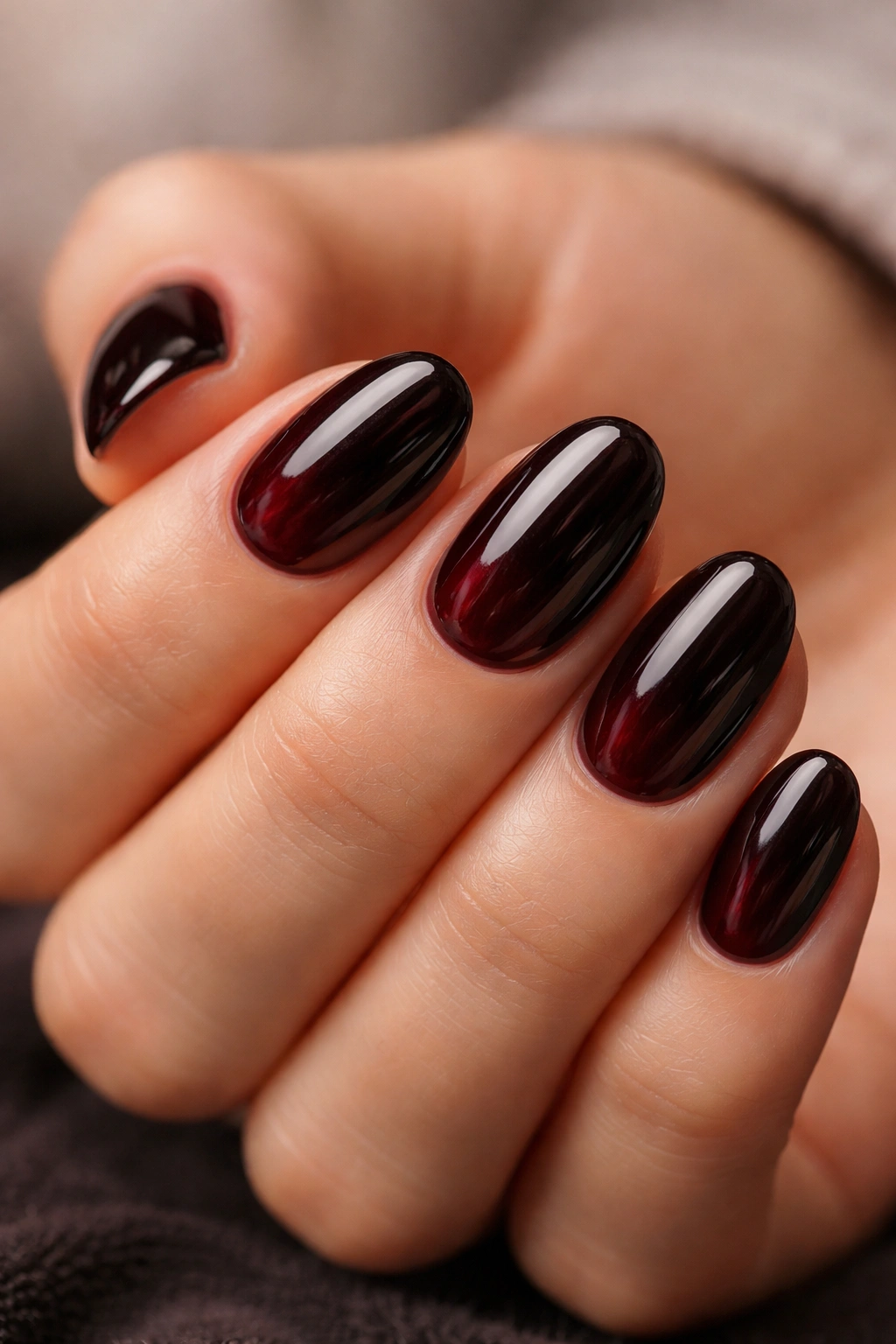 Black cherry nails on short oval nails with deep red-black color