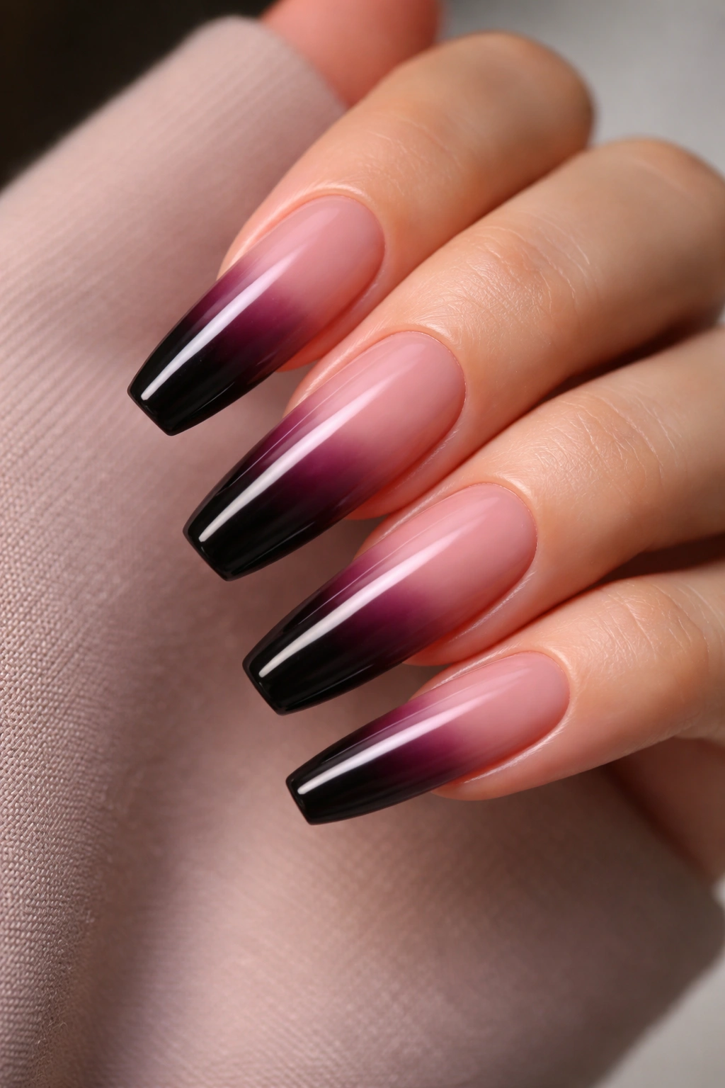 Black cherry to smoky rosé ombre on ballerina nails
