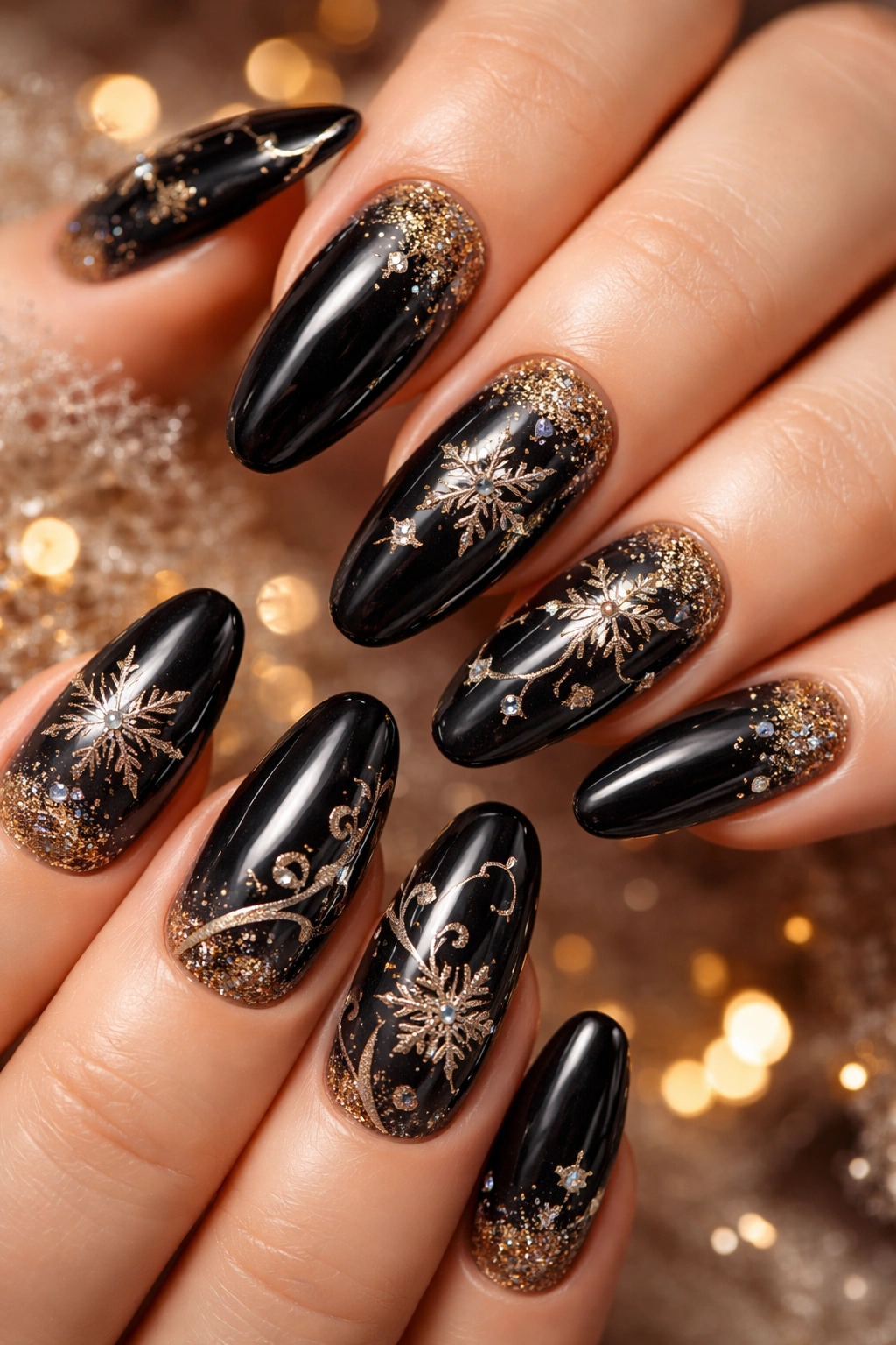 Close-up of black nails with metallic holiday accents for festive look