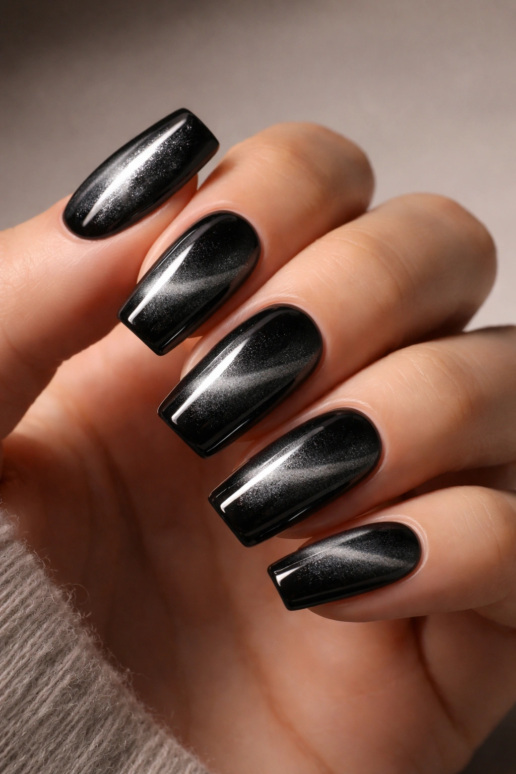 Close-up of Classic Chrome Black Cat Eye nails on soft-square nails with magnetic shimmer.