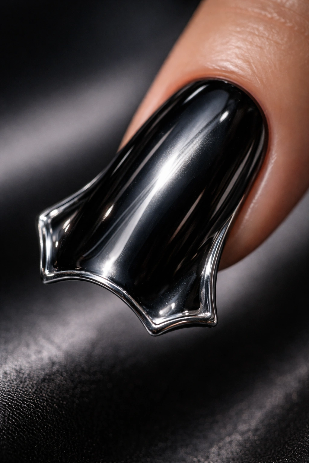 Duck nail in black chrome with metallic edges reflecting light