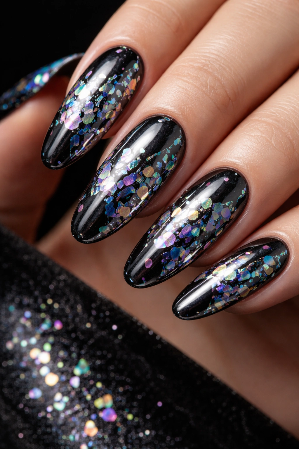 Long oval black chrome nails with holographic shatter details