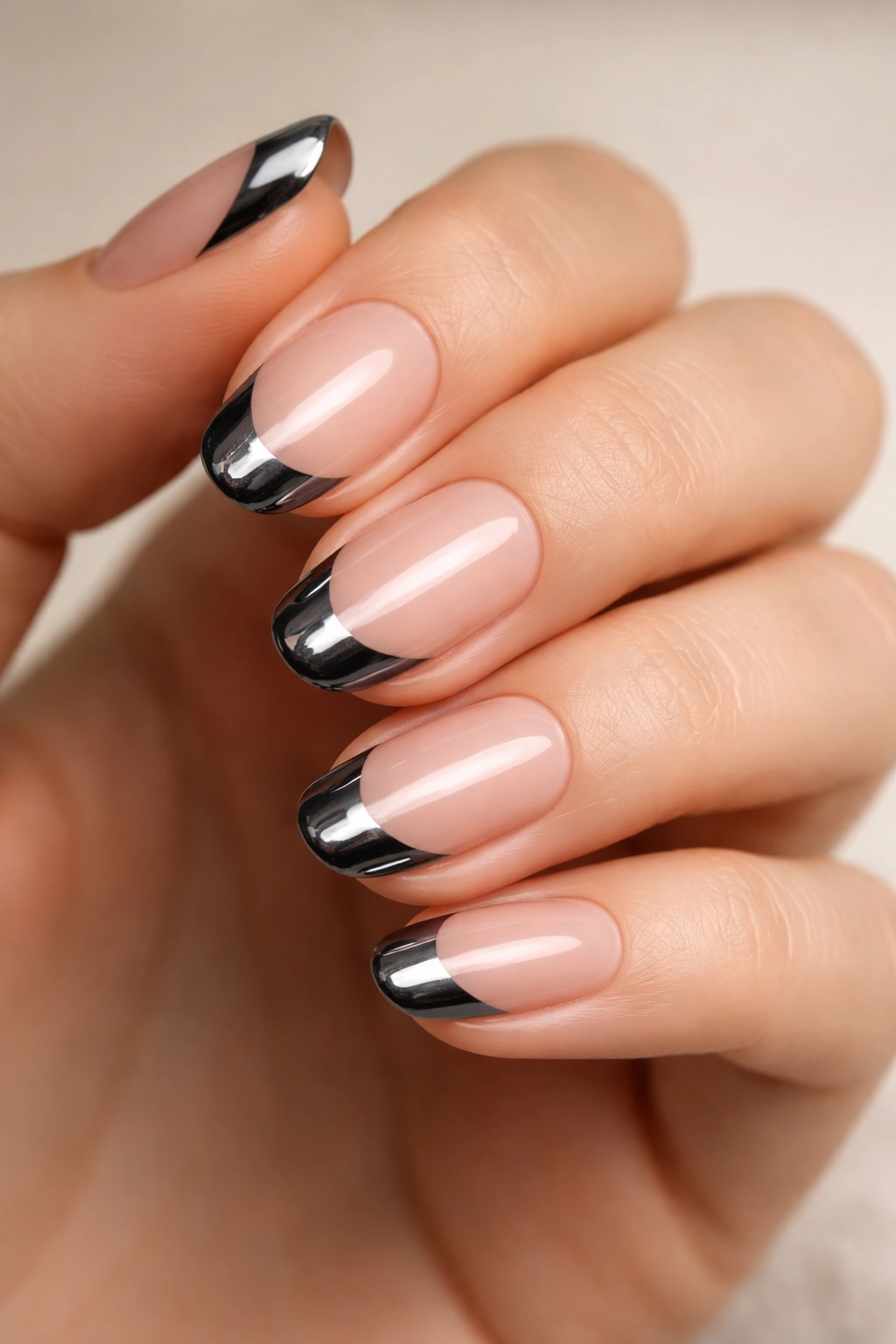 Close-up of short oval nails with black chrome tips on sheer base