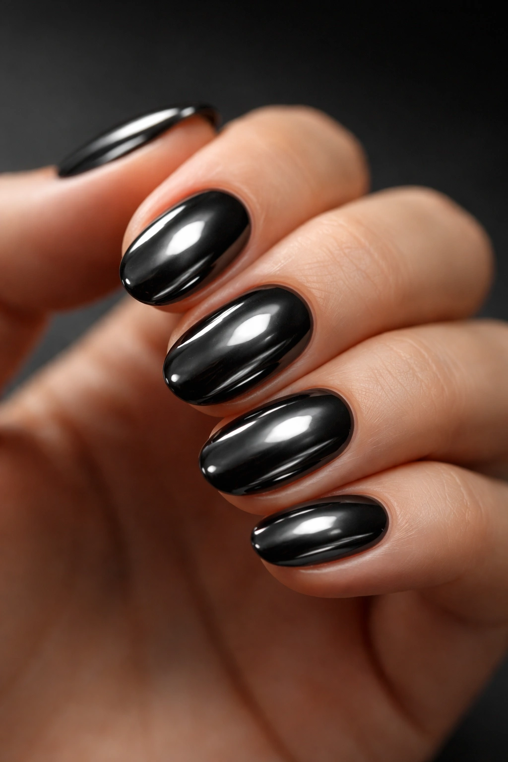 Close-up of short oval nails with black chrome finish, glossy and reflective
