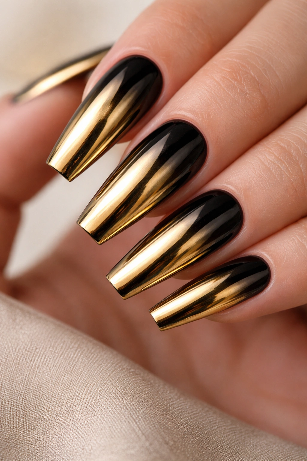 Black coffin nail with gold chrome mirror finish capturing light