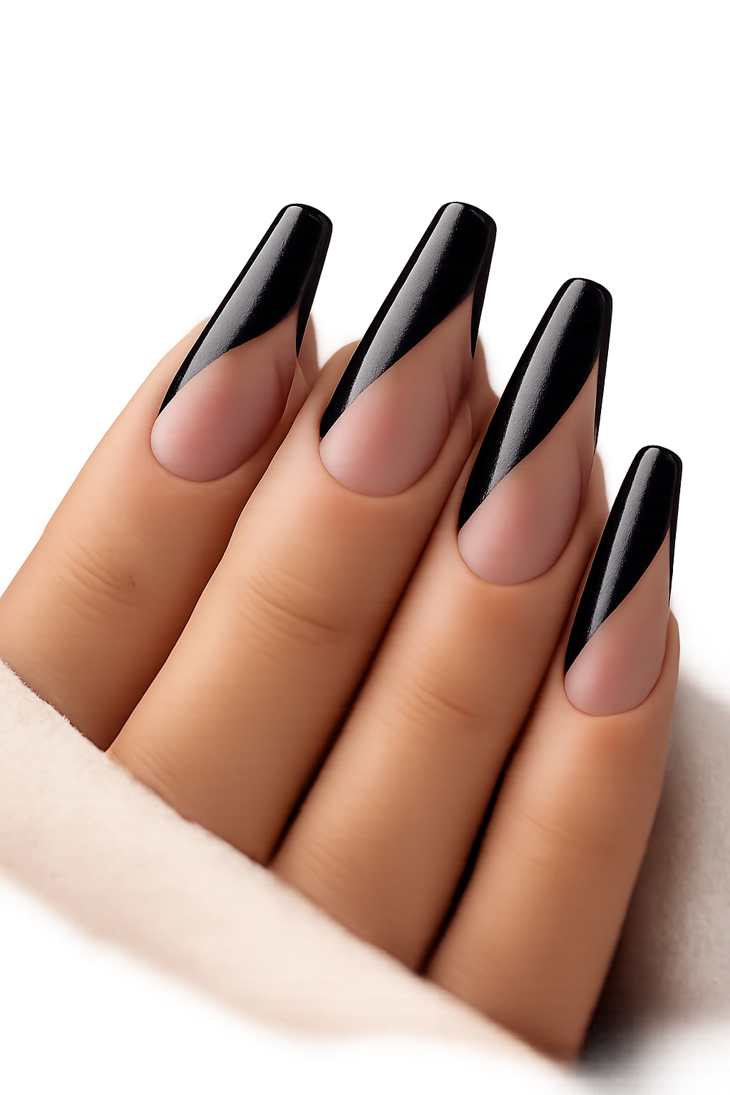 Close-up of black and clear split nails on a ballerina shape