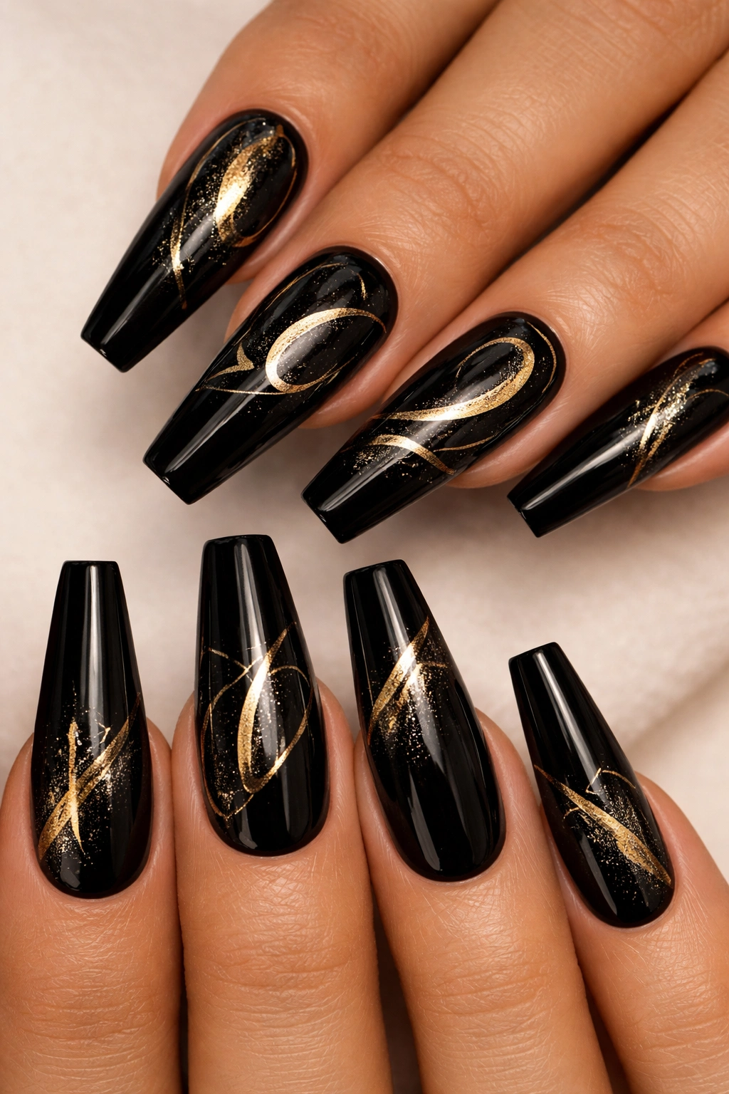 Close-up of black coffin nails with subtle gold metallic accents suggesting birthday lettering on a neutral background