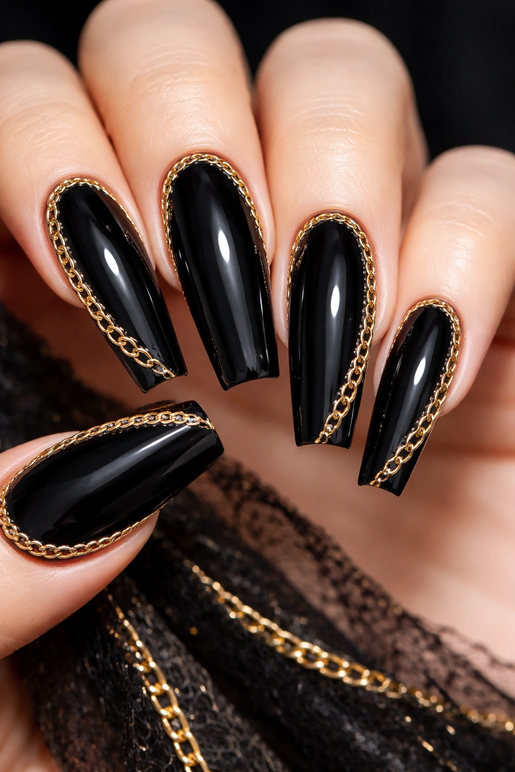 Coffin nails with gold chain detailing on all nails
