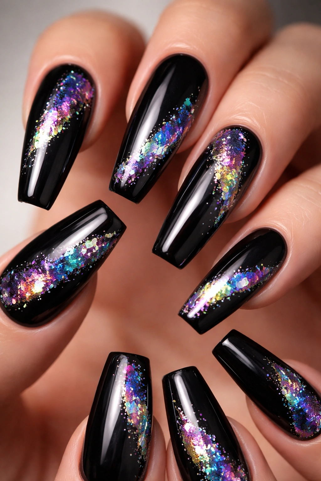 Black coffin nails with holographic rainbow shimmer details