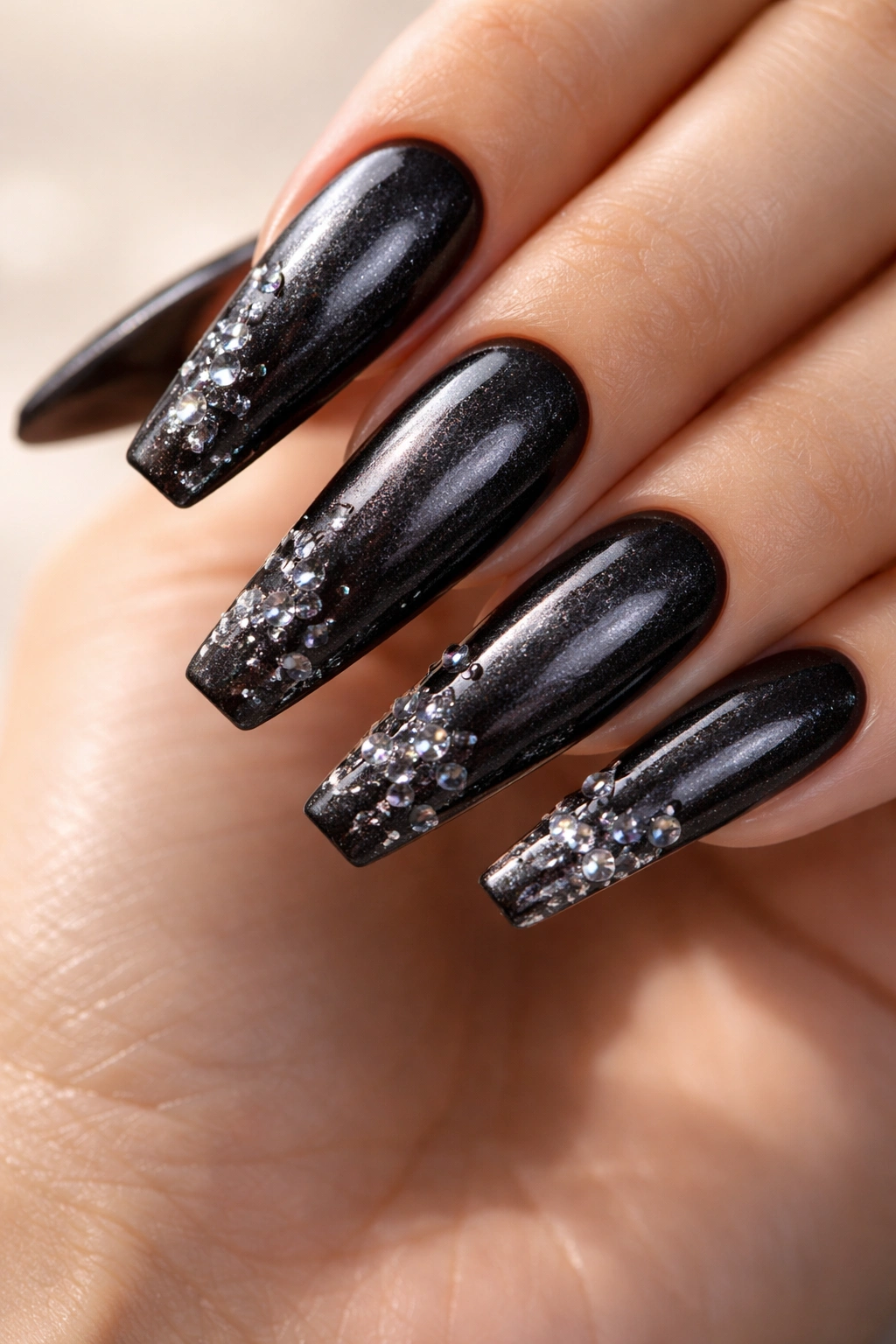 Close-up of long black coffin nails with pearl dust and glass textures