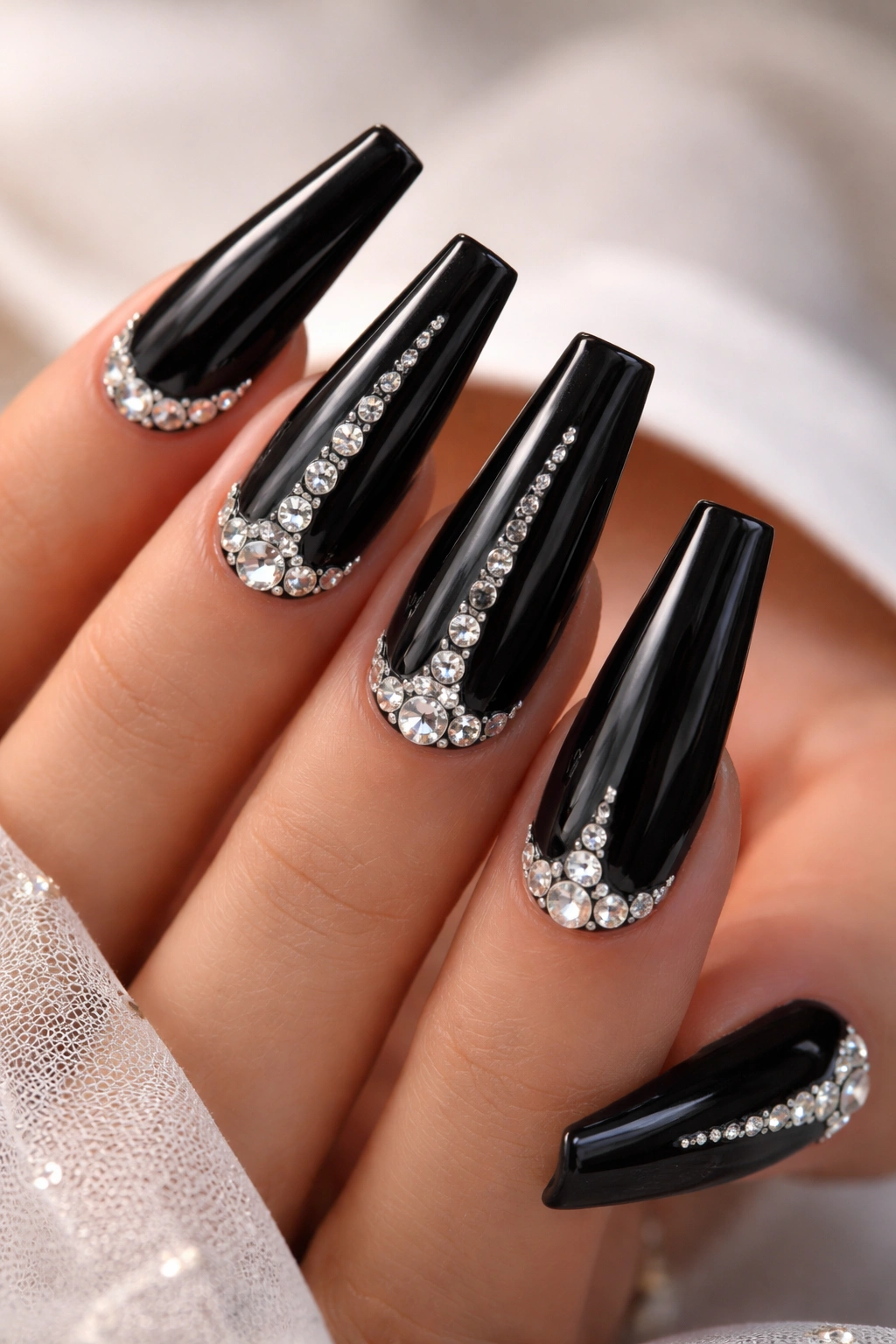 Glossy black coffin nails with rhinestones along the cuticle and center