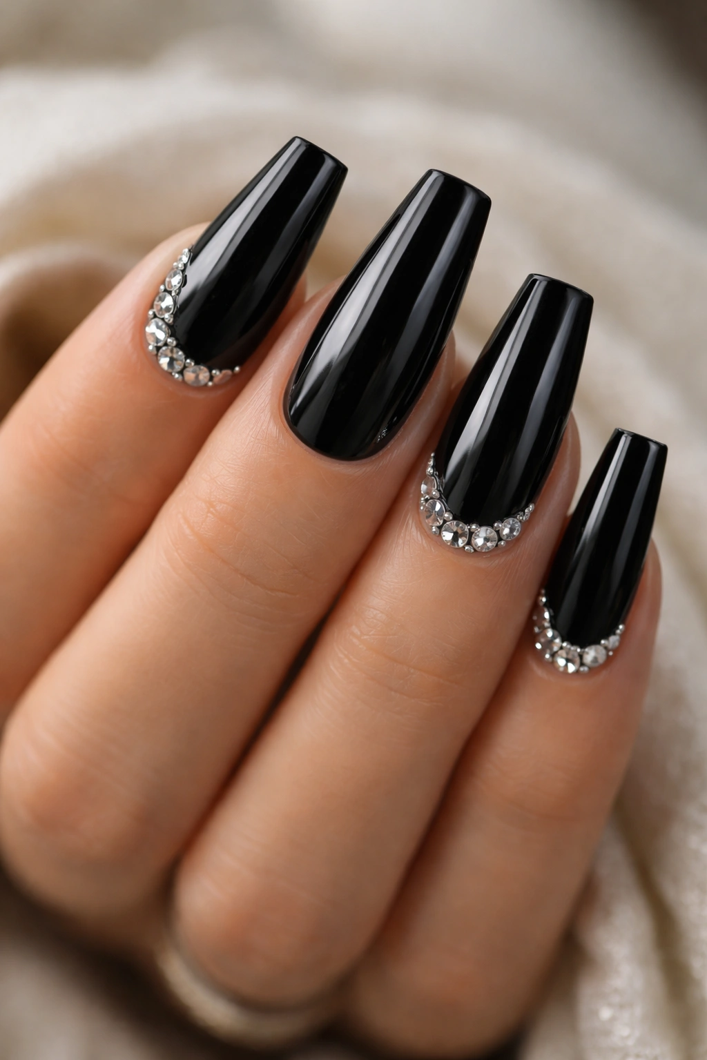 Coffin nails with rhinestones on black base