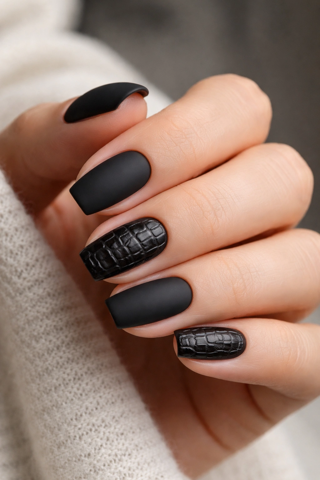 Short black nails with croc texture on accent nails
