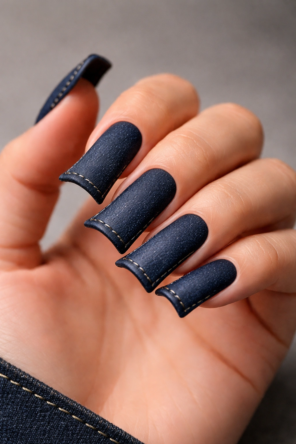 Duck nails in deep black denim with matte finish and sharp edges