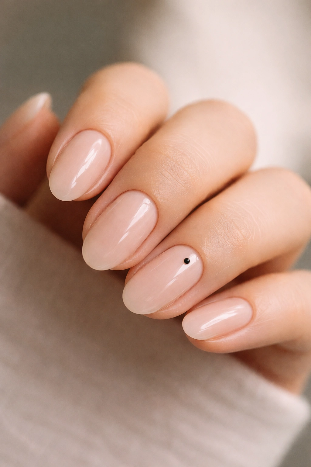 Close-up of short almond nails with a single tiny black dot on an accent nail