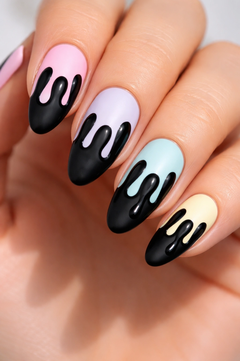 Black drip nails on a pastel base with glossy black drips.