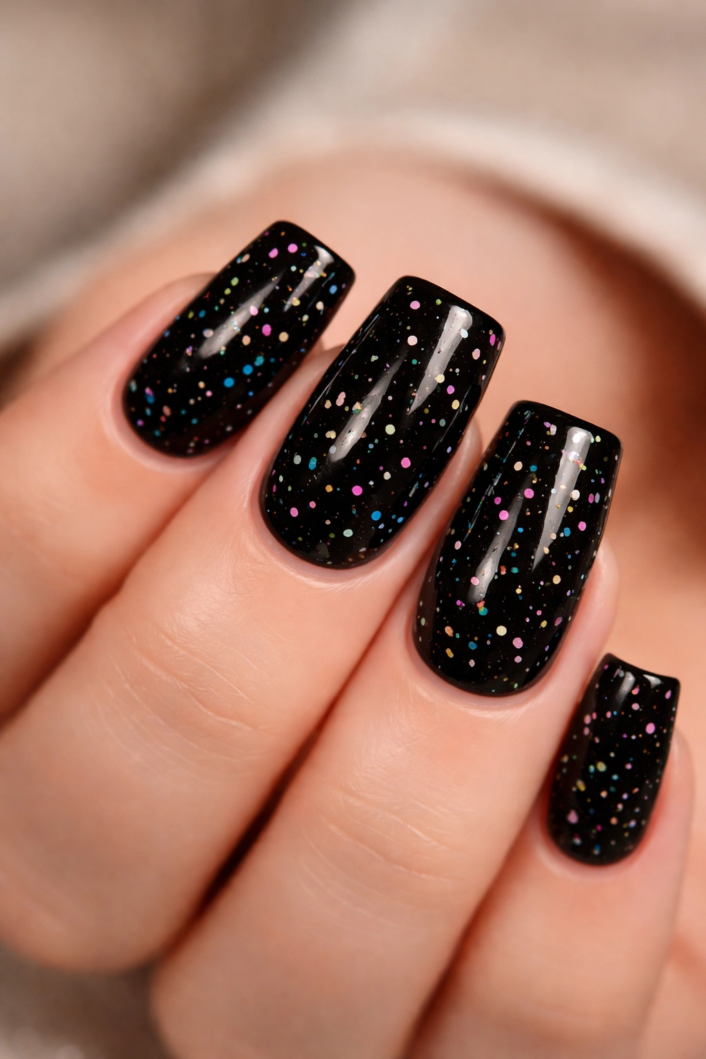 Close-up of black duck nails with tiny multicolor confetti flecks on a glossy finish
