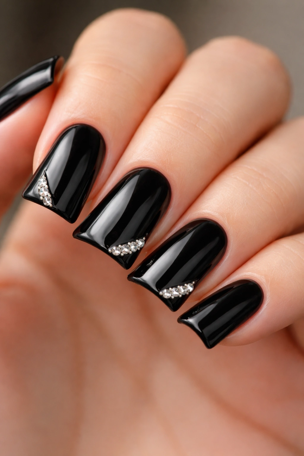 Short black duck nails with tiny diamond and pearl accents