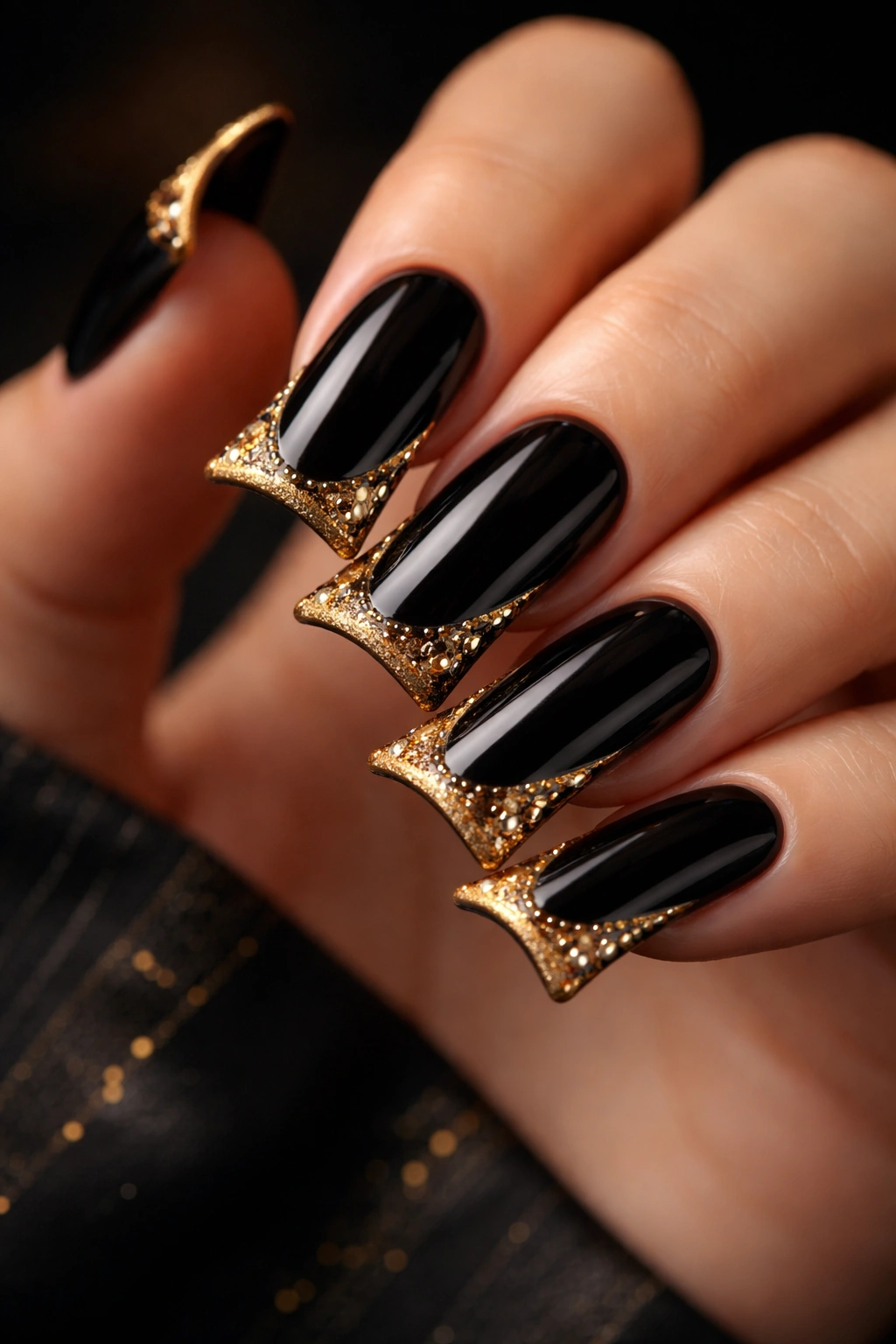 Close-up of black duck nails with gold detailing against dark background