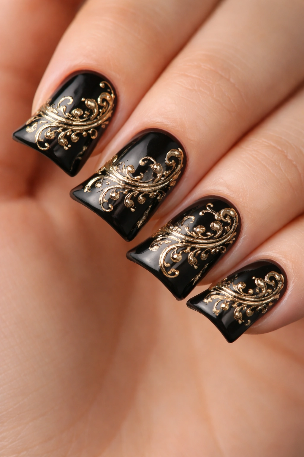 Close-up of black duck nails with delicate gold filigree on short nails