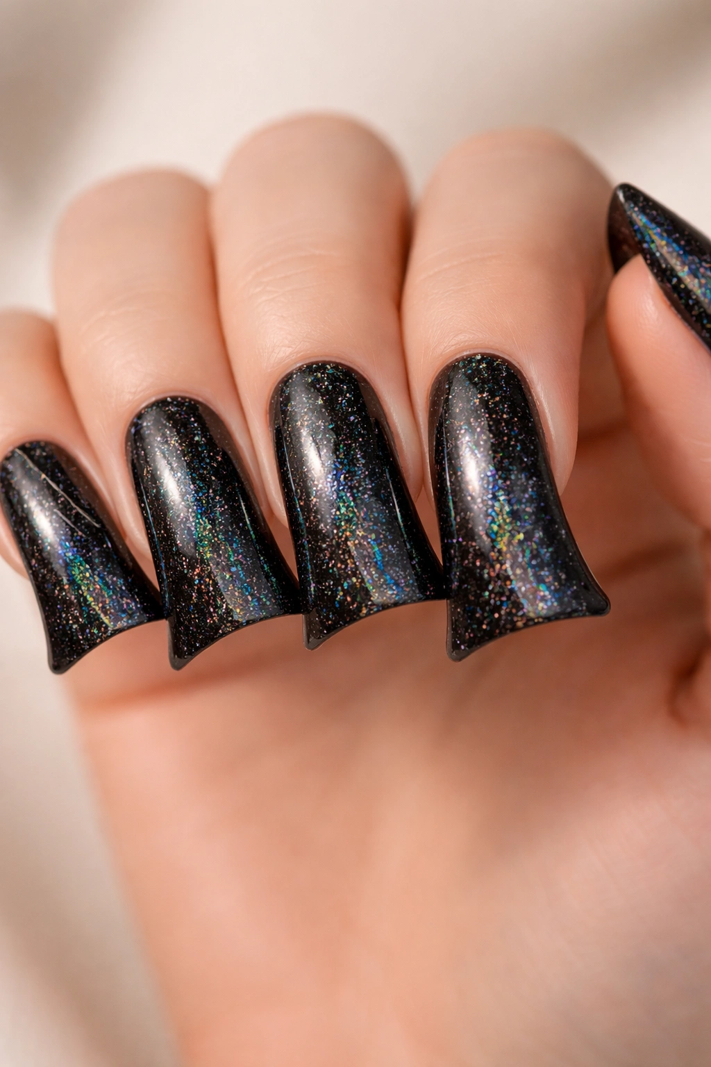 Close-up of black duck nails with holographic sparkle showing rainbow shifts.