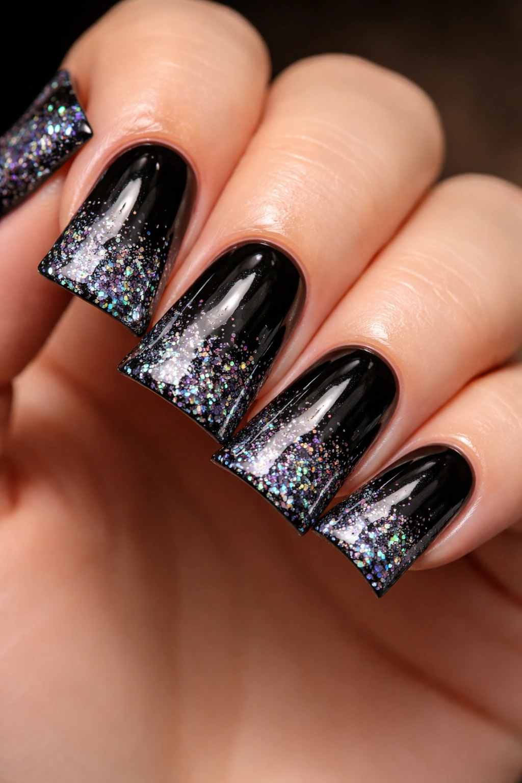 Short black duck nails with holographic glitter ombre