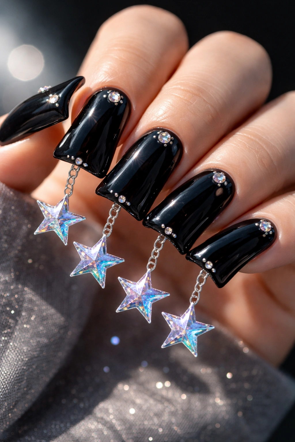 Close-up black duck nails with holographic star charms