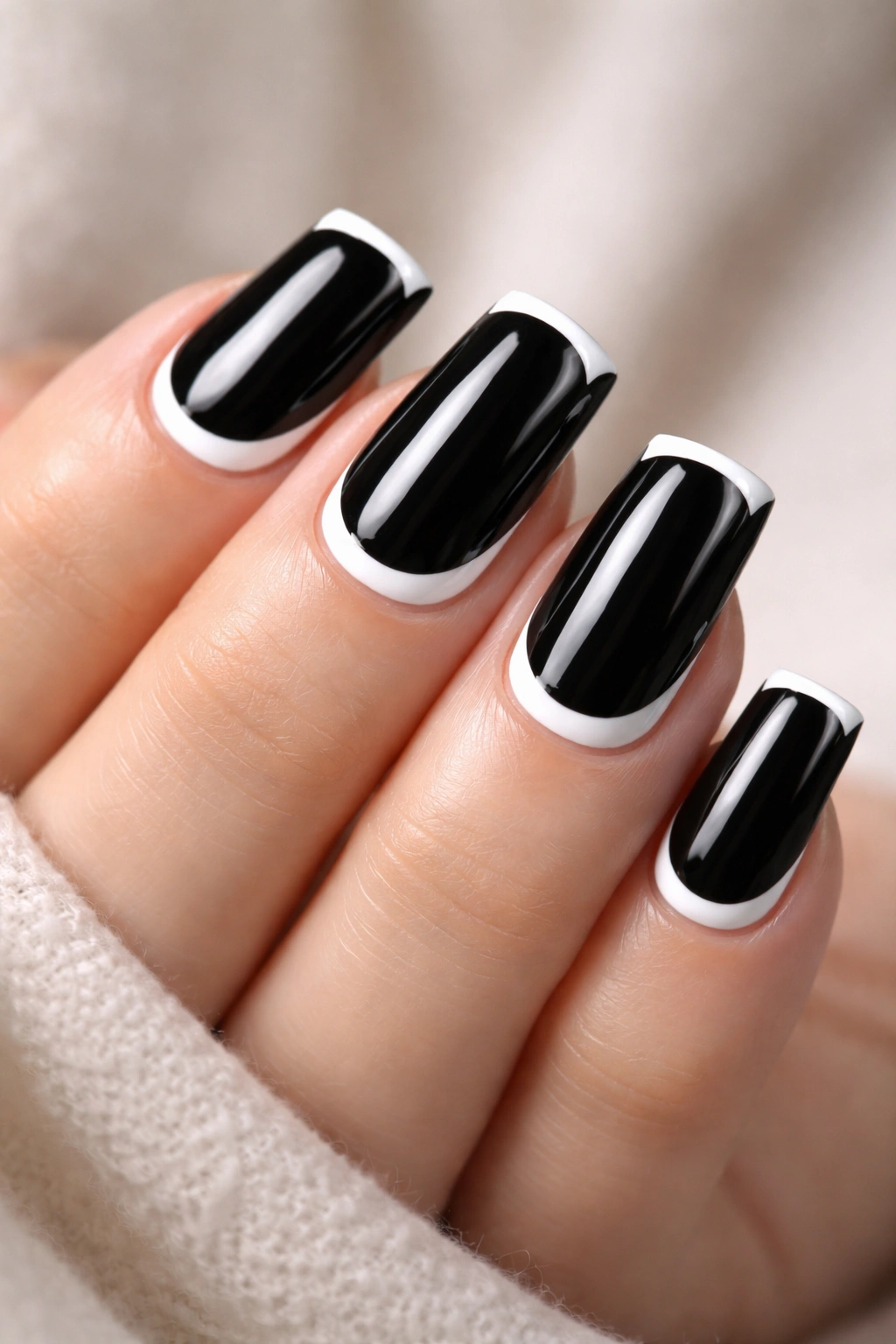 Close-up of short black duck nails with white reverse smile line on a neutral background