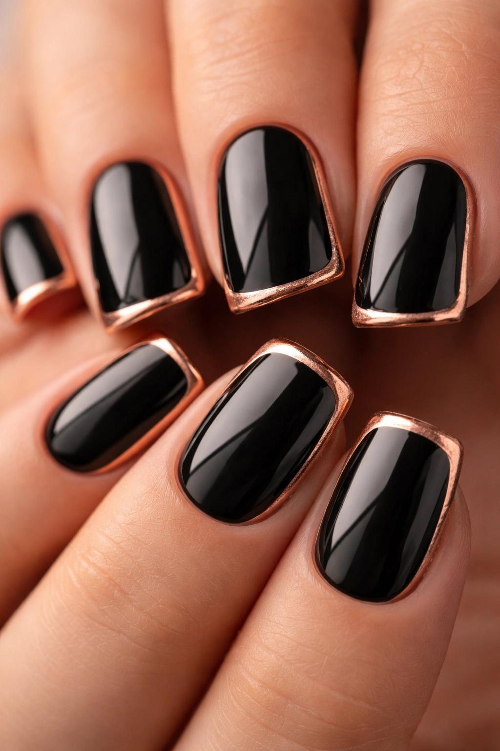 Close-up of black duck nails with a rose gold edge