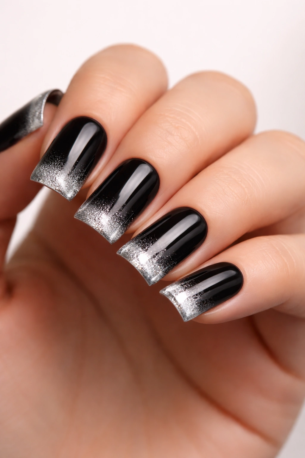 Close-up of black duck nails with a silver gradient to tips