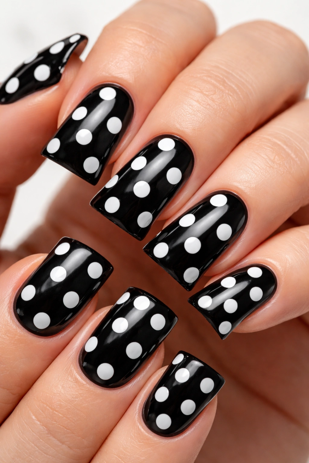 Close-up of short black duck nails with white polka dots