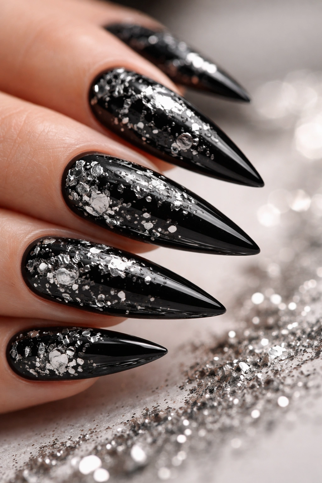 Close-up of black stiletto nails with silver foil flakes